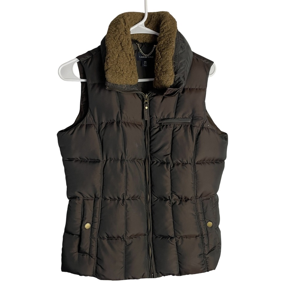Lands End Womens Puffer Vest Size XS Brown Down Insulated Faux Fur Collar Zip